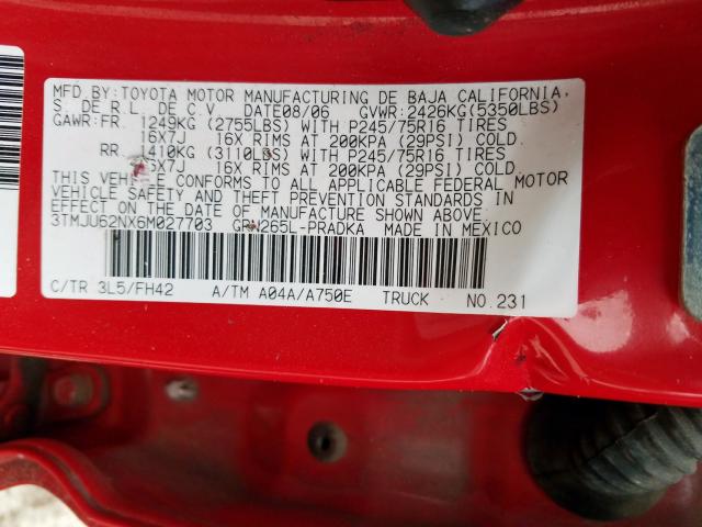 3TMJU62NX6M027703 - 2006 TOYOTA TACOMA DOUBLE CAB PRERUNNER  photo 10