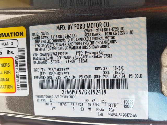 3FA6P0T97GR192419 - 2016 FORD FUSION SE  photo 10