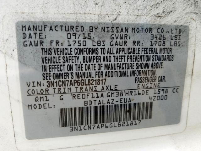 3N1CN7AP6GL821817 - 2016 NISSAN VERSA S  photo 10