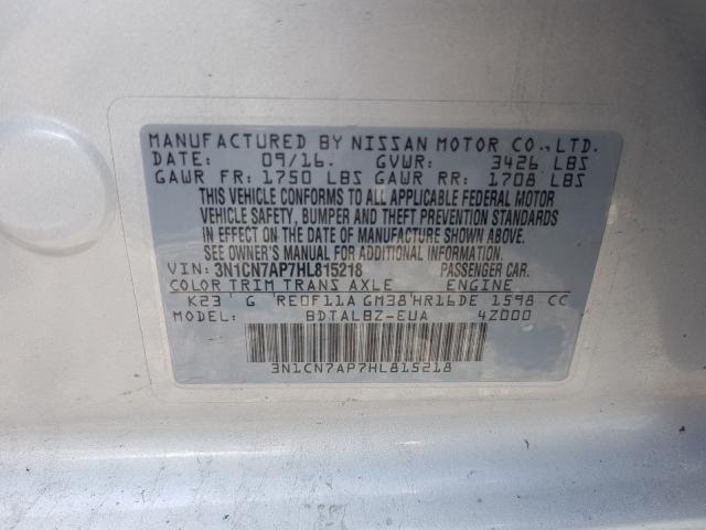 3N1CN7AP7HL815218 - 2017 NISSAN VERSA S  photo 10