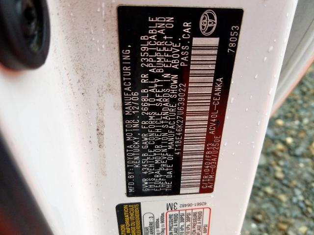 4T1BE46K27U639022 - 2007 TOYOTA CAMRY CE  photo 10