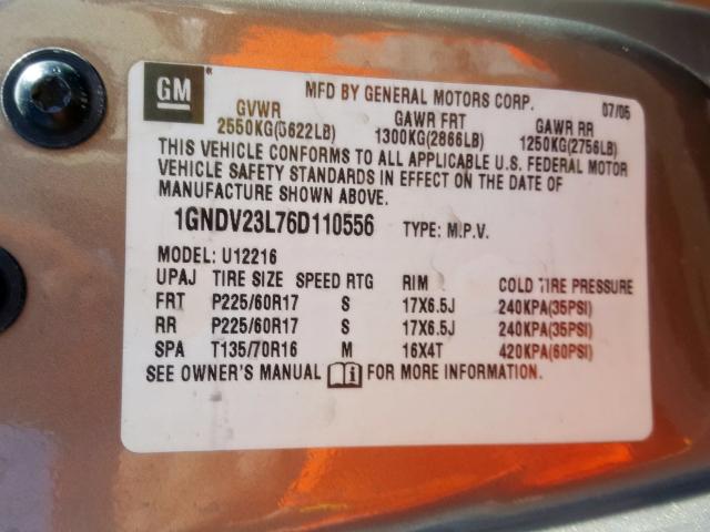 1GNDV23L76D110556 - 2006 CHEVROLET UPLANDER LS  照片 10