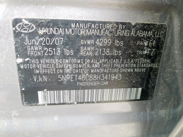 5NPET46C88H341943 - 2008 HYUNDAI SONATA GLS  photo 10