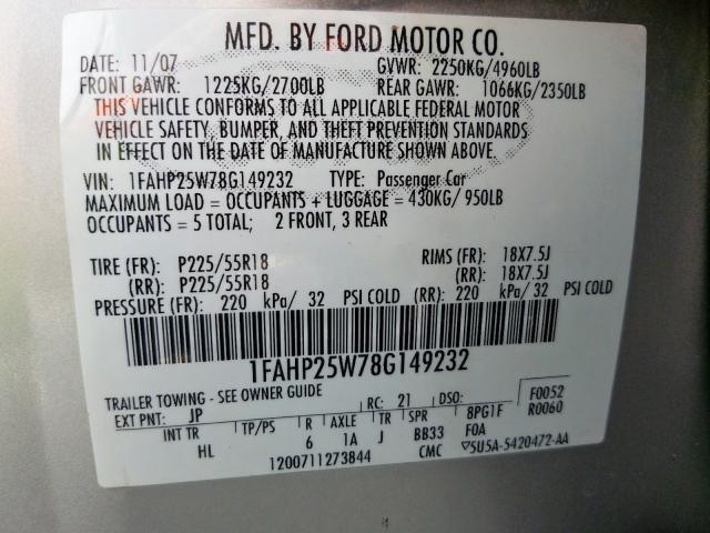 1FAHP25W78G149232 - 2008 FORD TAURUS LIMITED  photo 10