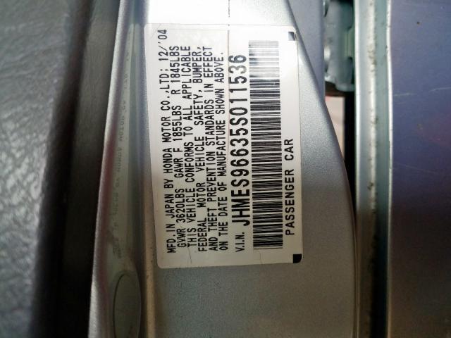 JHMES96635S011536 - 2005 HONDA CIVIC HYBRID  photo 10