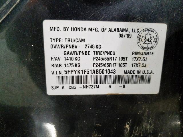 5FPYK1F51AB501043 - 2010 HONDA RIDGELINE RTL  photo 10