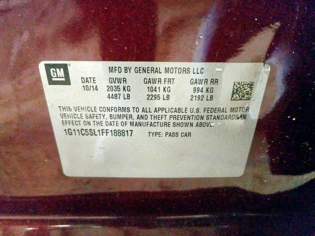 1G11C5SL1FF188817 - 2015 CHEVROLET MALIBU 1LT  照片 10