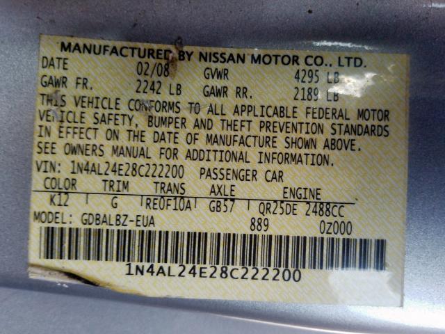 1N4AL24E28C222200 - 2008 NISSAN ALTIMA 2.5S  photo 10