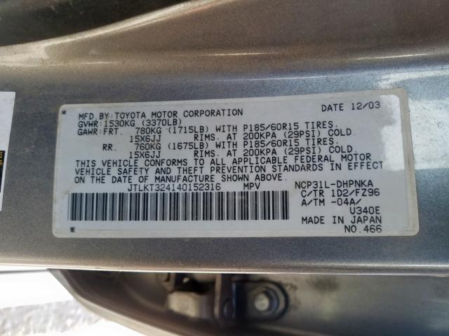 JTLKT324140152316 - 2004 TOYOTA SCION XB  照片 10