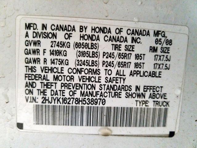 2HJYK16278H538970 - 2008 HONDA RIDGELINE RT  photo 10