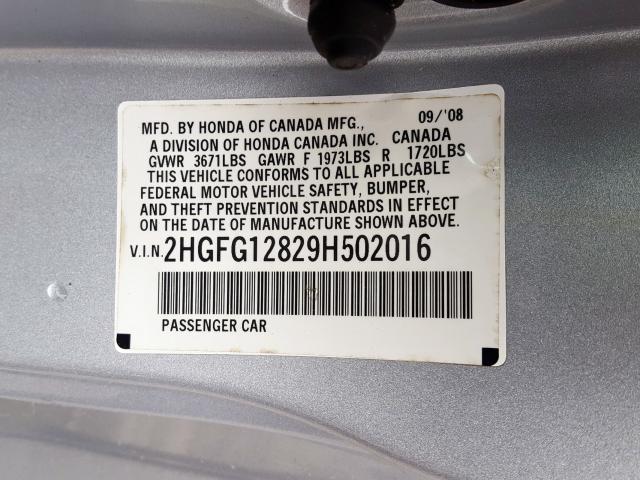 2HGFG12829H502016 - 2009 HONDA CIVIC EX  photo 10