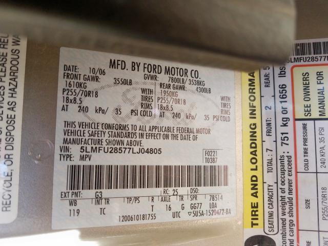 5LMFU28577LJ04805 - 2007 LINCOLN NAVIGATOR  照片 10