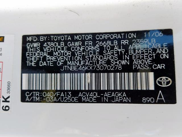 JTNBE46KX73070278 - 2007 TOYOTA CAMRY CE  photo 10