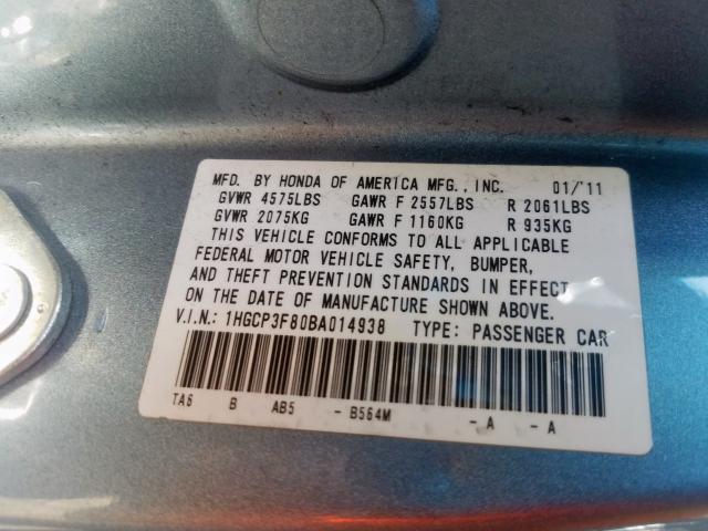 1HGCP3F80BA014938 - 2011 HONDA ACCORD EXL  photo 10