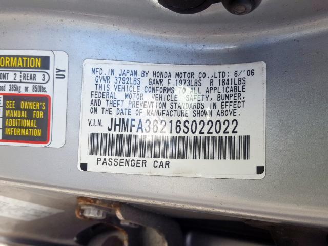 JHMFA36216S022022 - 2006 HONDA CIVIC HYBRID  photo 10