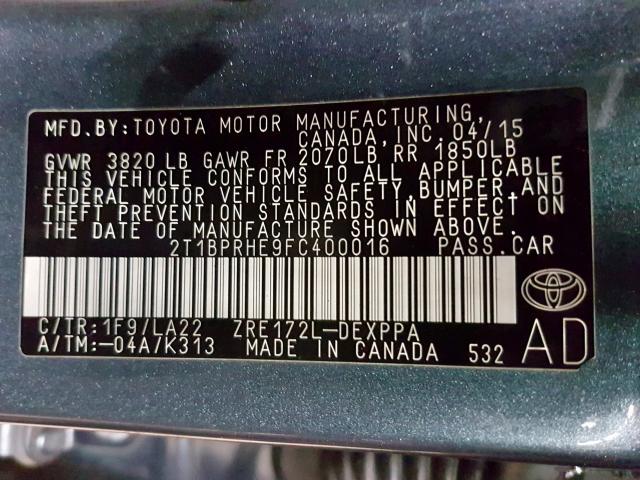 2T1BPRHE9FC400016 - 2015 TOYOTA COROLLA ECO  photo 10