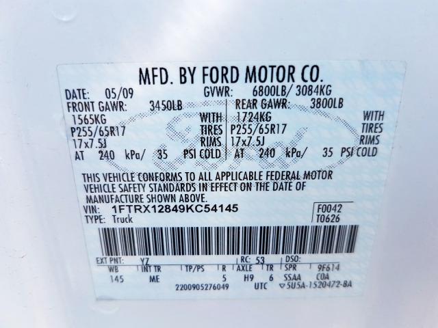 1FTRX12849KC54145 - 2009 FORD F150 SUPER CAB  photo 10