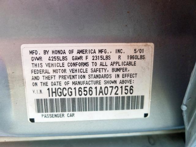 1HGCG16561A072156 - 2001 HONDA ACCORD EX  photo 10