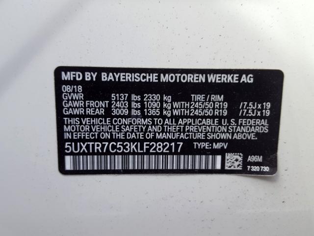 5UXTR7C53KLF28217 - 2019 BMW X3 SDRIVE30I  photo 10