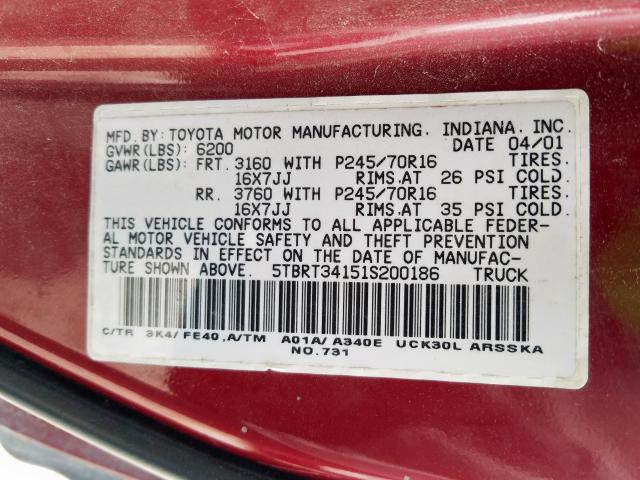 5TBRT34151S200186 - 2001 TOYOTA TUNDRA ACCESS CAB  照片 10