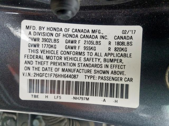 2HGFC1F76HH644087 - 2017 HONDA CIVIC EXL  照片 10