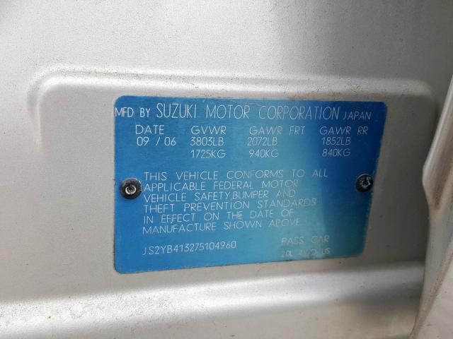 JS2YB413275104960 - 2007 SUZUKI SX4  photo 10