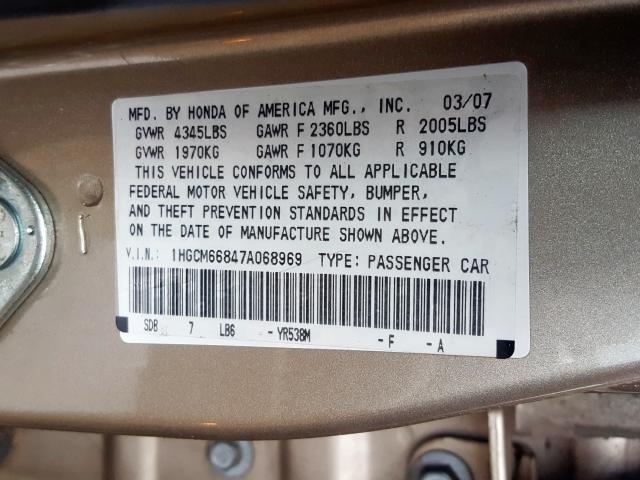 1HGCM66847A068969 - 2007 HONDA ACCORD EX  photo 10