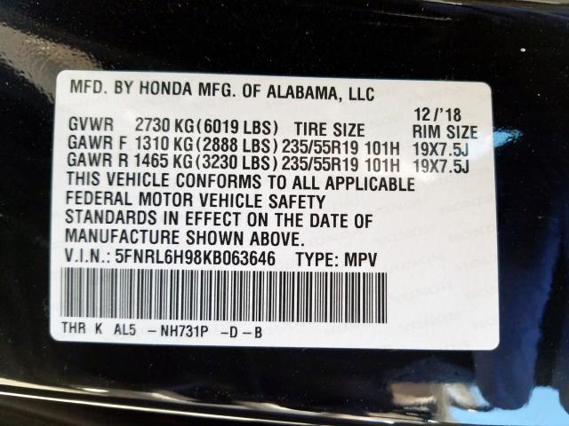 5FNRL6H98KB063646 - 2019 HONDA ODYSSEY ELITE  foto 10