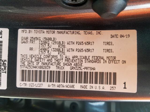 5TFAZ5CN4KX082839 - 2019 TOYOTA TACOMA DOUBLE CAB  照片 10