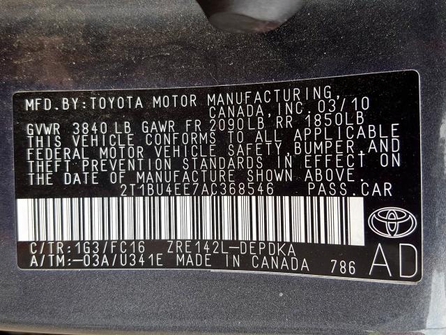 2T1BU4EE7AC368546 - 2010 TOYOTA COROLLA BASE  photo 10