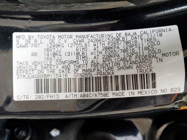 3TMJU4GNXBM115416 - 2011 TOYOTA TACOMA DOUBLE CAB PRERUNNER  photo 10