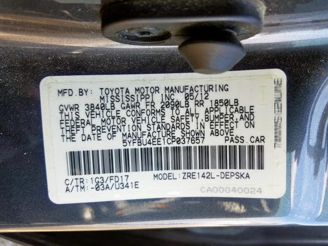 5YFBU4EE1CP037657 - 2012 TOYOTA COROLLA BASE  照片 10