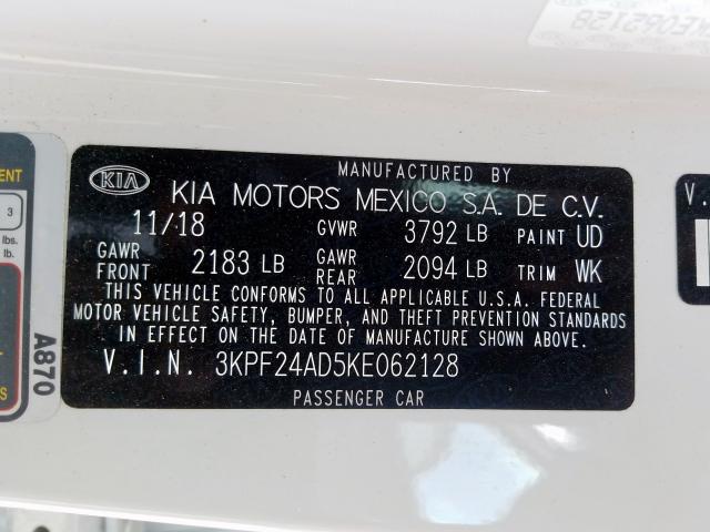 3KPF24AD5KE062128 - 2019 KIA FORTE FE  photo 10