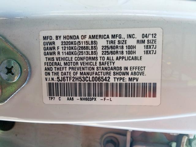 5J6TF2H53CL006542 - 2012 HONDA CROSSTOUR EXL  ფოტო 10