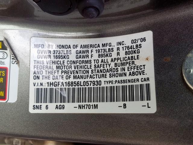 1HGFA16856L057930 - 2006 HONDA CIVIC EX  photo 10