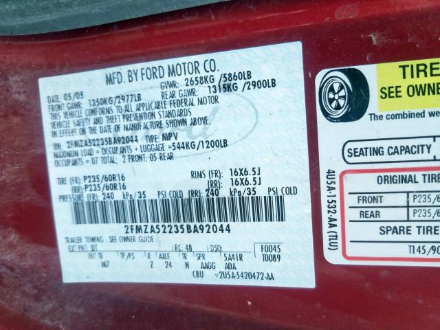 2FMZA52235BA92044 - 2005 FORD FREESTAR SEL  photo 10