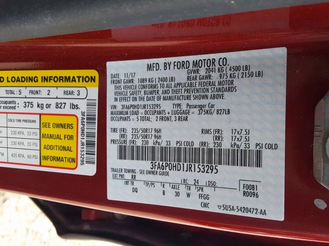 3FA6P0HD1JR153295 - 2018 FORD FUSION SE  photo 10