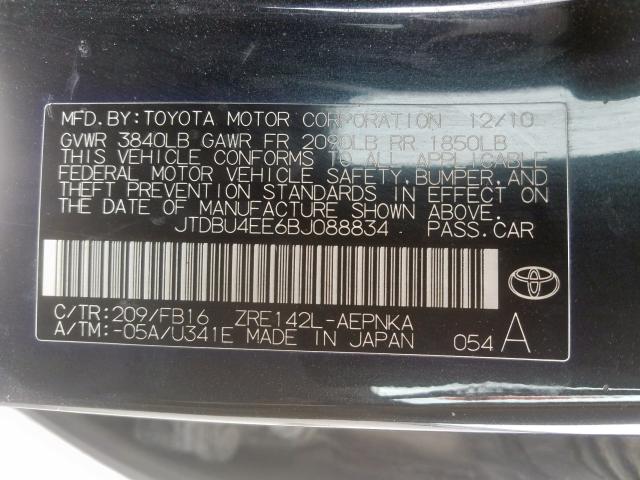 JTDBU4EE6BJ088834 - 2011 TOYOTA COROLLA BASE  照片 10