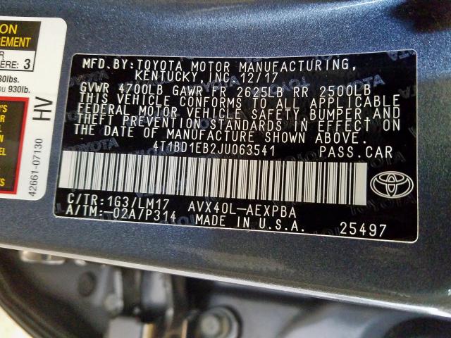 4T1BD1EB2JU063541 - 2018 TOYOTA AVALON HYBRID  photo 10