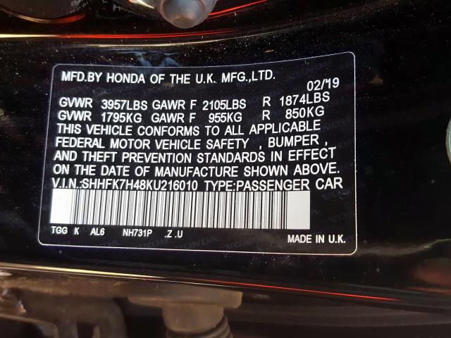 SHHFK7H48KU216010 - 2019 HONDA CIVIC SPORT  Foto 10