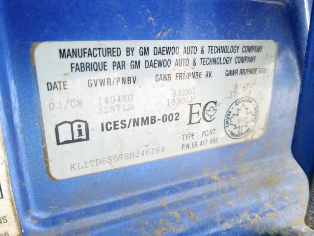 KL1TD65678B246164 - 2008 CHEVROLET AVEO BASE  photo 10