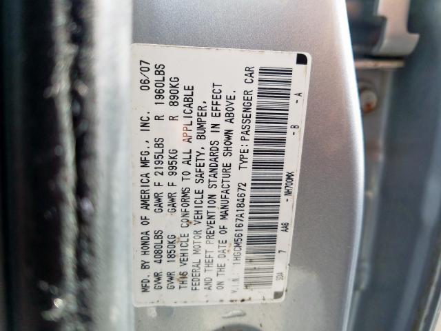 1HGCM56167A184672 - 2007 HONDA ACCORD VALUE  photo 10