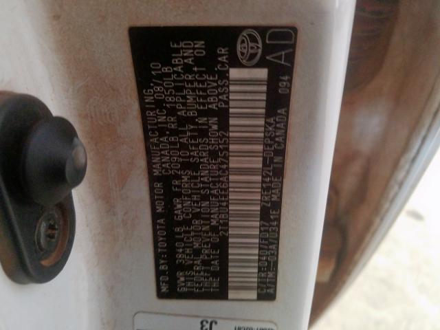 2T1BU4EE6AC475152 - 2010 TOYOTA COROLLA BASE  照片 10