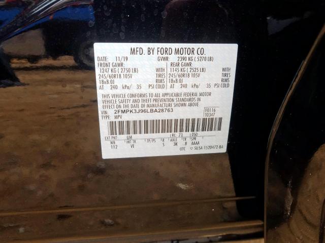 2FMPK3J96LBA28763 - 2020 FORD EDGE SEL  photo 10