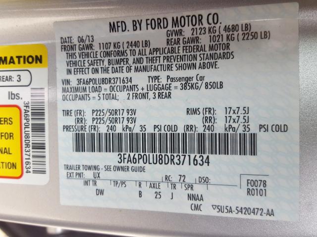 3FA6P0LU8DR371634 - 2013 FORD FUSION SE HYBRID  photo 10