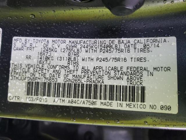 3TMJU4GN8FM175653 - 2015 TOYOTA TACOMA DOUBLE CAB PRERUNNER GRAY photo 10