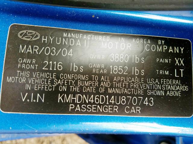 KMHDN46D14U870743 - 2004 HYUNDAI ELANTRA GLS  photo 10