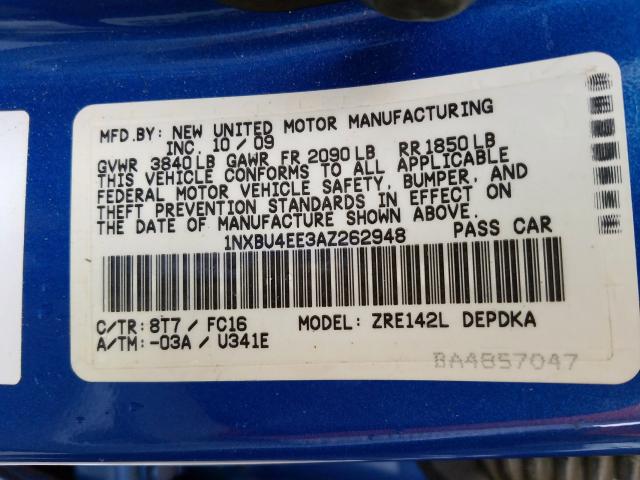 1NXBU4EE3AZ262948 - 2010 TOYOTA COROLLA BASE  照片 10