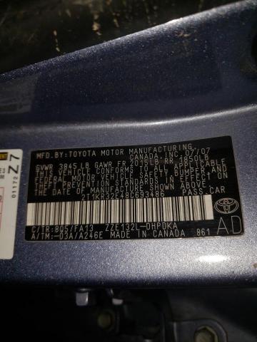 2T1KR32E48C693486 - 2008 TOYOTA COROLLA MA XR BLUE photo 10