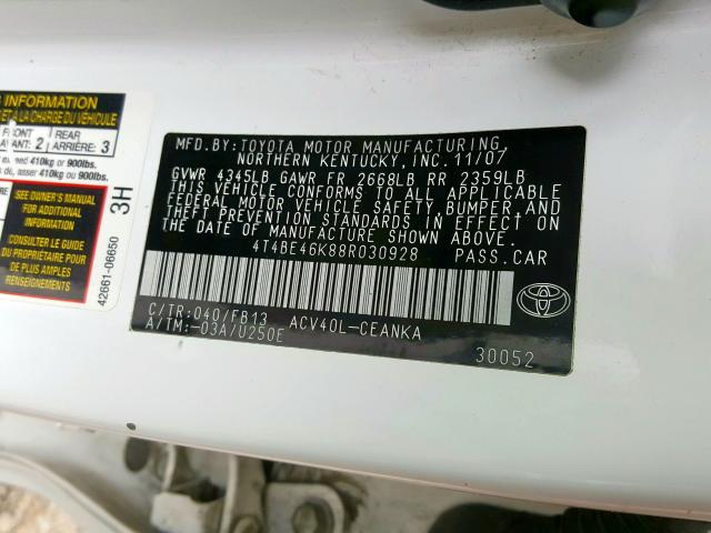 4T4BE46K88R030928 - 2008 TOYOTA CAMRY CE  photo 10